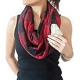 stylesilove Winter Plaid Infinity Scarf with Hidden Zipper Pocket Fashion Travel Scarf for Women and Men
