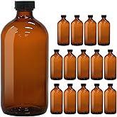 15 Pack 16oz Amber Glass Boston Round Bottles with Phenolic Polycone Caps – Airtight, Leak-Proof Brown Glass Containers for Kombucha Brewing, Storing Condiments, Essential Oils, and Homemade Solutions