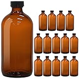 15 Pack 16oz Amber Glass Boston Round Bottles with