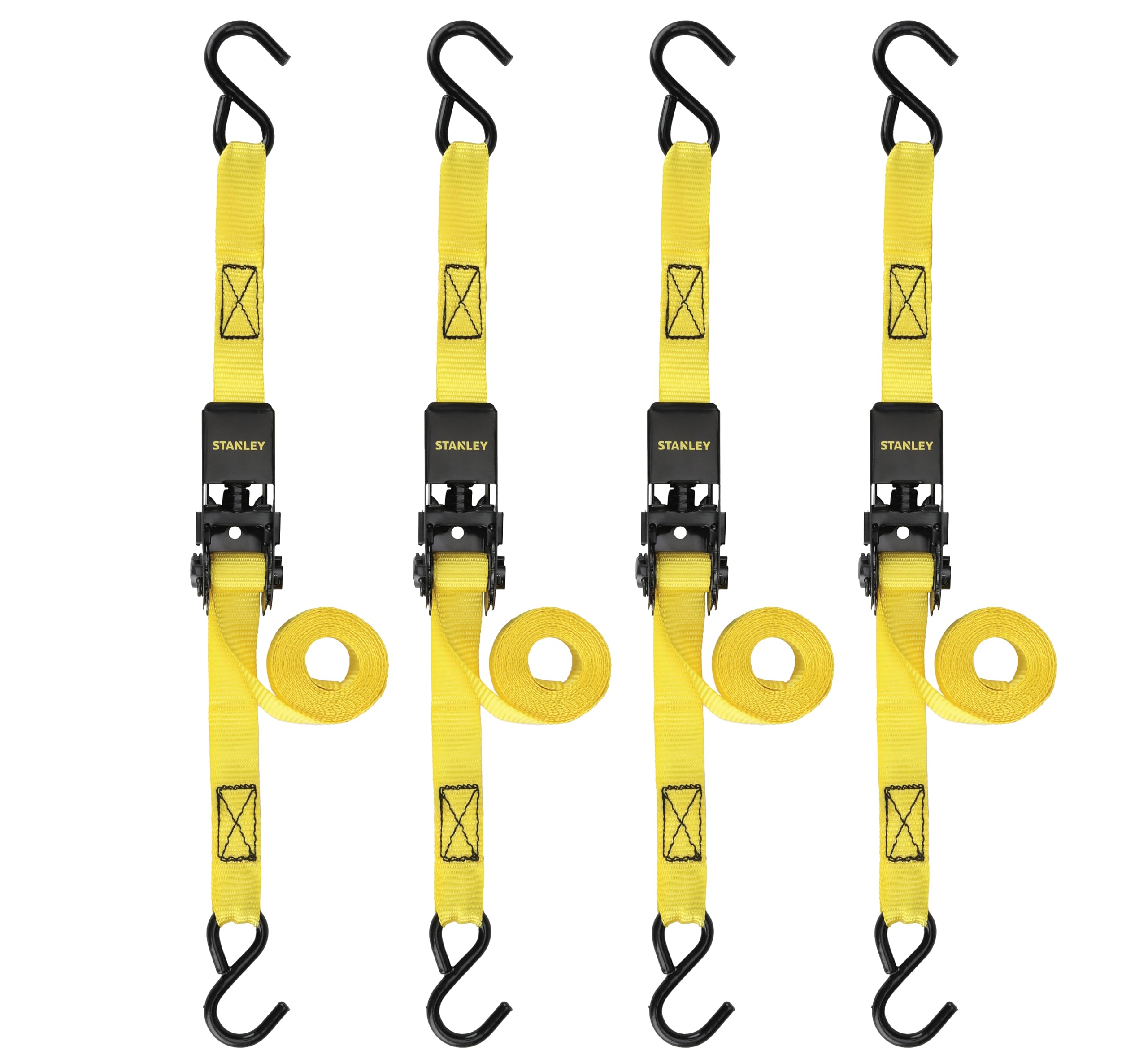 STANLEY S9500 Ratschengurt, 2,5 cm x 3 m, leichte Ladung (136 kg Arbeitslast, 408 kg Bruchfestigkeit), 4 Stück, Schwarz/Gelb
