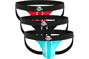 RM REAL MEN Real Men Nylon Mesh Jockstrap 3 Pack with ABCD Pouch - Black/Light Blue/Red