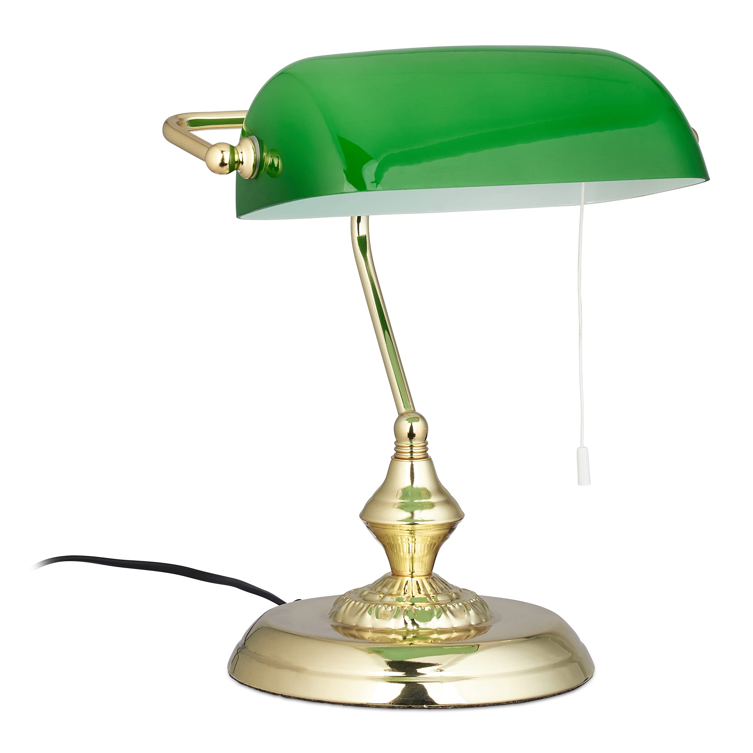 Relaxdays, Vintage Style Glass, Pull Switch Banker Lamp with Green Shade, Round Base, HBT 31 x 22.5 x 18.5 cm, Brass.