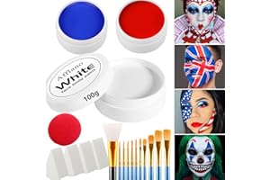 Afflano Clown Makeup Large White Blue Red Face Body Paint Kit, Pro Oil Based Body Painting+ Brushes Sponges Joker Nose 20 PCS, 4th of July Face Paint for Independence Day Halloween Makeup Cosplay