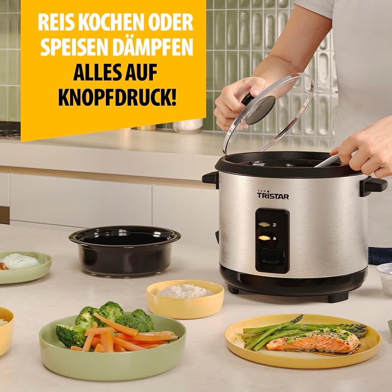 Reiskocher, 1,5 L Kapazität, Edelstahlgehäuse, Dampfgaraufsatz, Automatische Abschaltung, Warmhaltefunktion, 500 W, RK-6145