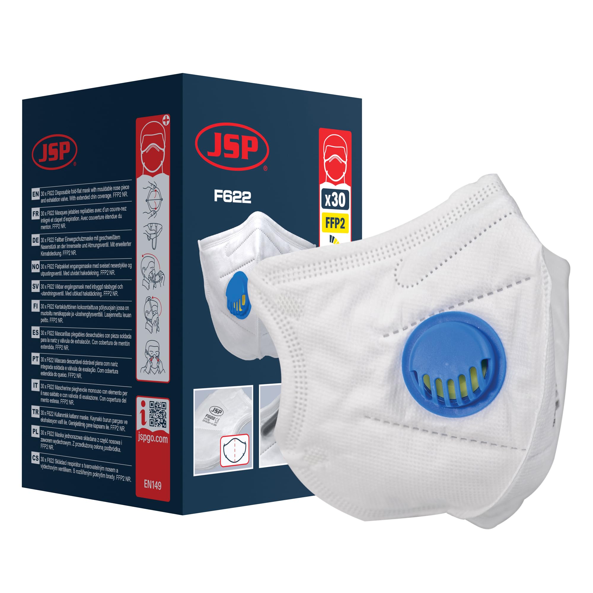 JSP Safety Disposable Vertical Fold Flatmask FFP2V (F622) Box of 30 (BGW170-000-S00), one size