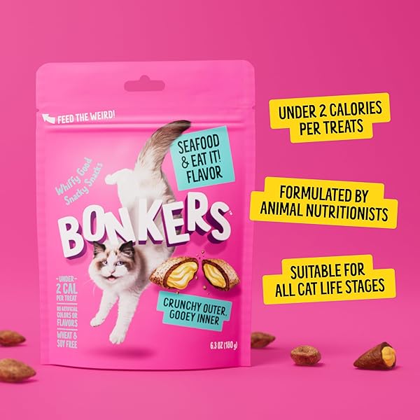 BONKERS CAT BITES, CRUNCHY & SOFT SEAFOOD & EAT IT! FLAVOR TREATS, LOW CALORIE, TRAINING OR FOOD TOPPER, 6.3 OZ / 180G RESEALABLE BAG FOR ALL BREEDS AND AGES