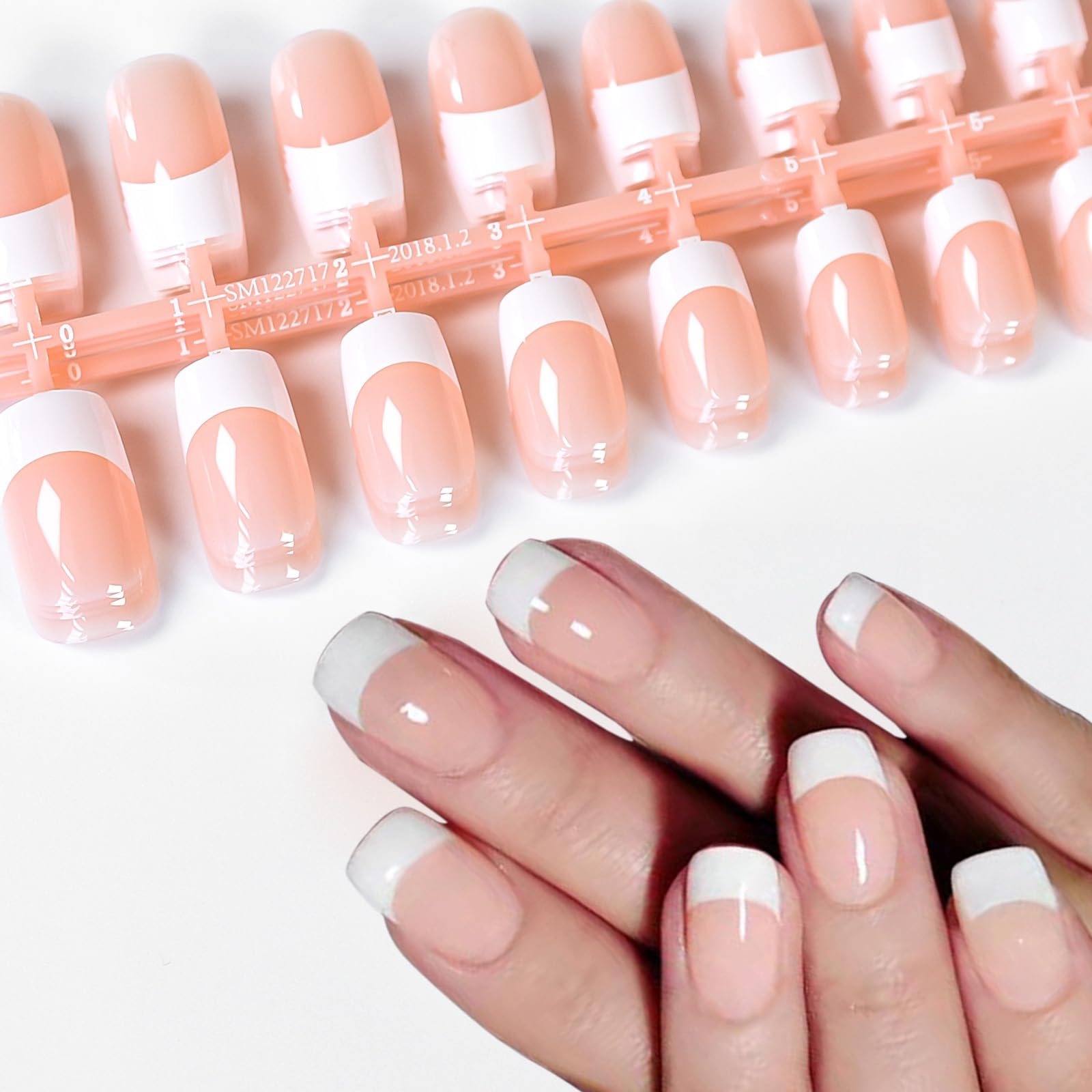 Photo 1 of 120 Pieces Natural White French Fake Nails, Acrylic False Nails Kit Including 12 Different Size Short Press on False Nails,Pink Nude Nails Tips Sets with Nail Stickers,Files and Stick