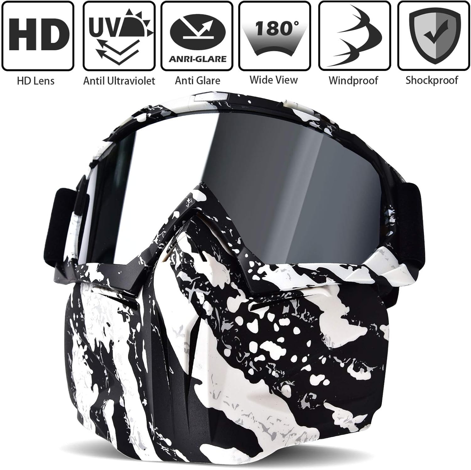 BOLLFO Motorcycle Goggle Mask, Protective Glasses with Detachable Mask for Cycling, Skiing, Paintball, Riding, Halloween Adjustable Windproof Outdoor Anti-Fog Face Mask (White & Black Frame): Sports & Outdoors