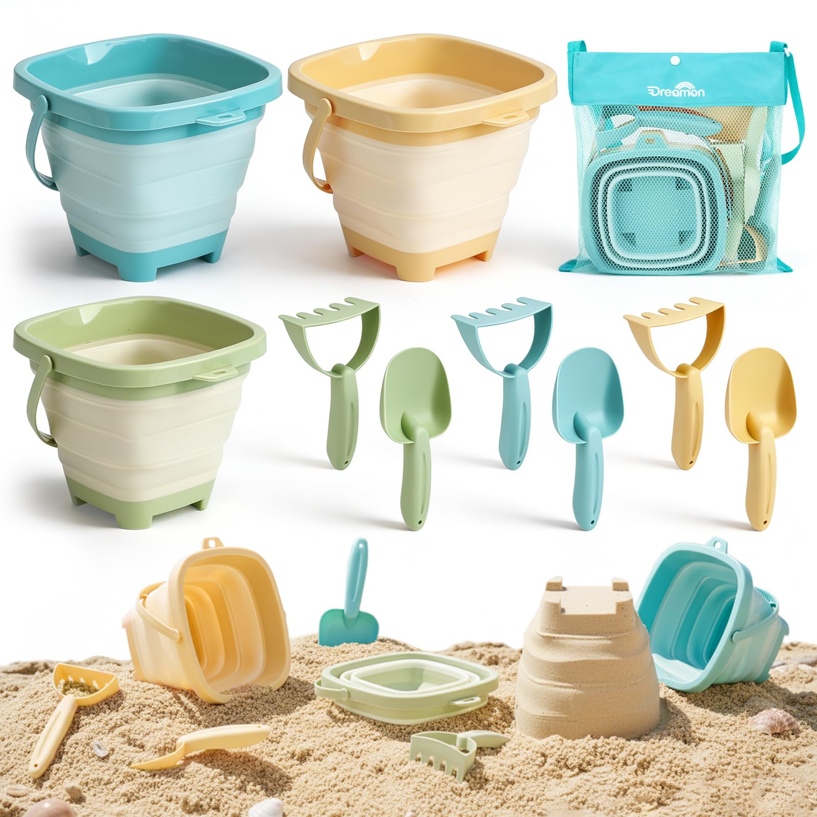 Dreamon Beach Toys, 3 Pack Collapsible Sand Buckets for Kids, Shovels & Rakes Set with Mesh Bag, Kids Beach Essentials Sandcastle Building Kit for Beach Trip Outdoor Play and Summer Fun