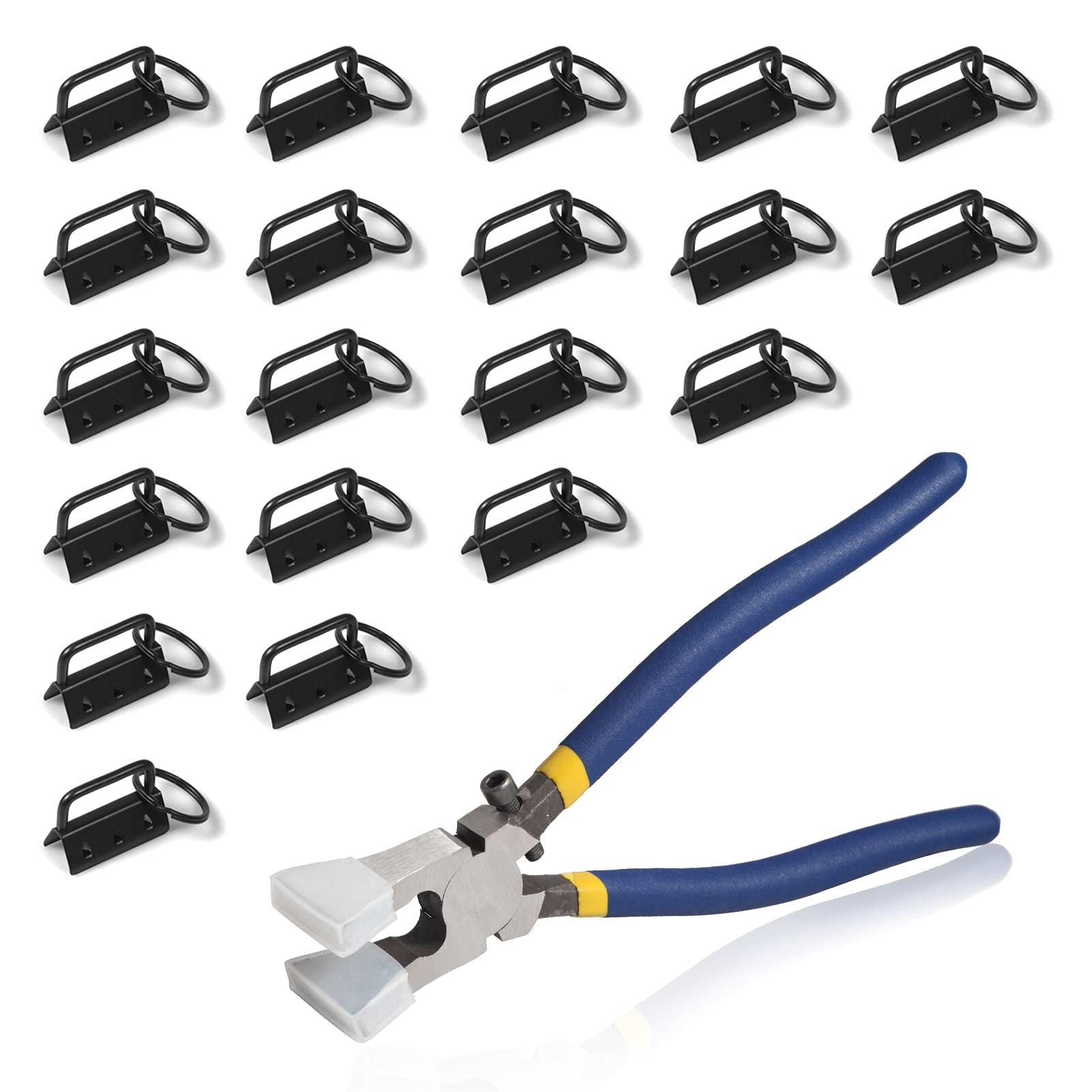 SPEEDWOX 20 Pcs 1.25" Dark Black Key Fob Hardware Set with Key Fob Pliers, 8" Glass Breaking Pliers with Rubber Tips PVC Handles, for Webbing Fabric Strapping Wristlet Keychain Key Lanyard Making