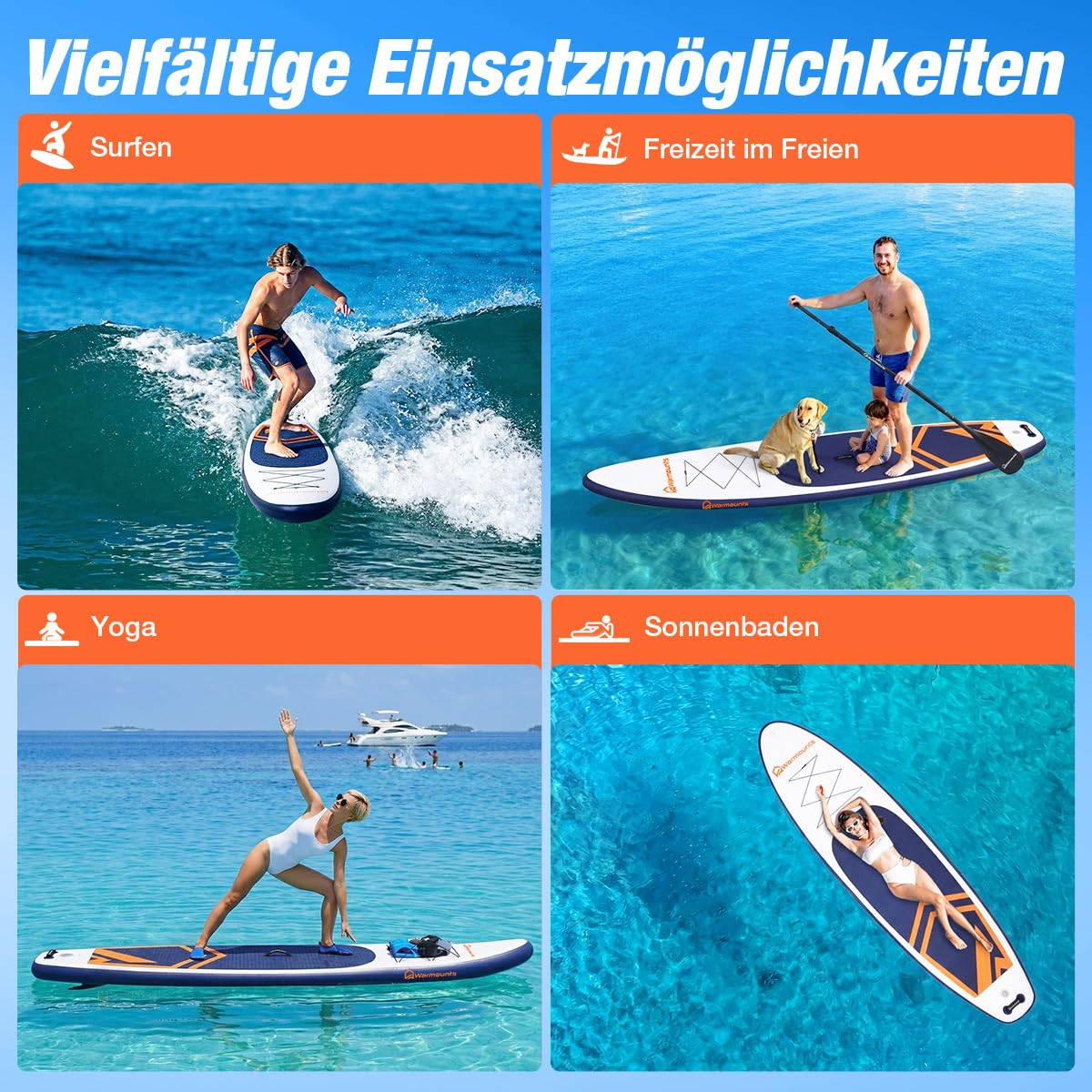 Warmounts 350cm Aufblasbares SUP Board, 86cm Breit Stand Up Paddle für Anfänger & Erwachsene, Allround Paddleboard mit Verstellbarem Paddel, Kamerahalterung, Pumpe und Rucksack, 190 kg 6