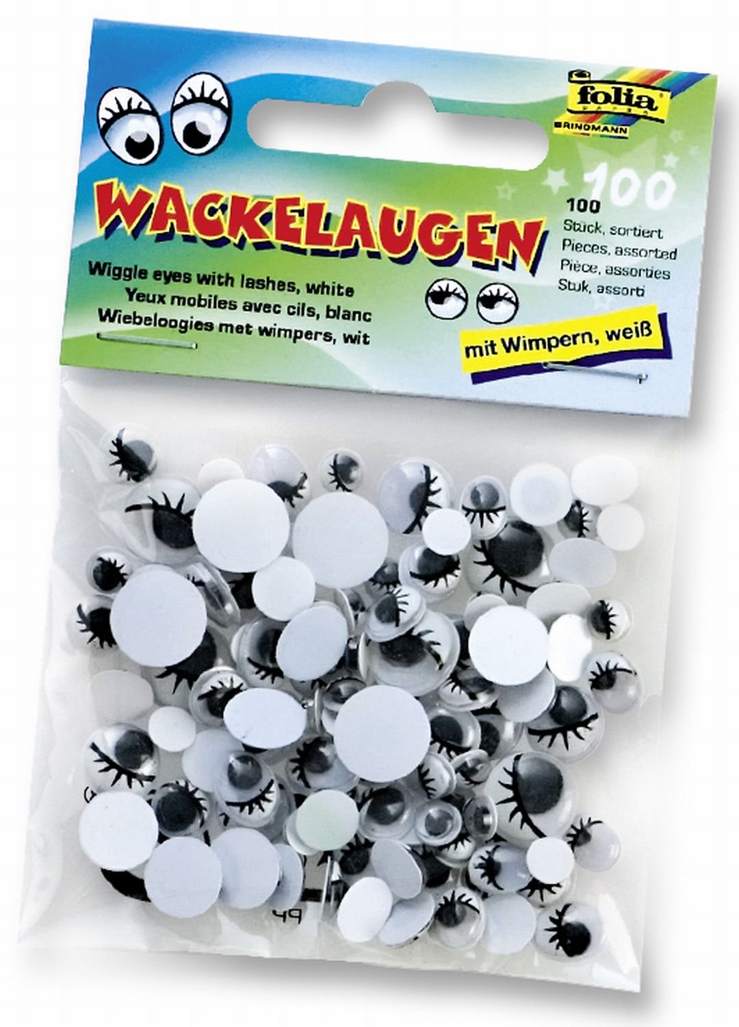 folia 7511 Wiggle Eyes with Eyelashes and Movable Pupil, Pack of 100, White, Assorted - Ideal for Designing Animals and Other Figures