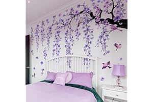 Lilacanthara Large Cherry Blossom Tree Wall Stickers,4 Sheets Spring Purple Flower Bird Wall Decals Peel and Stick Wall Murals Decor for Living Room Bedroom (Purple, 11.8 * 35.4inch)