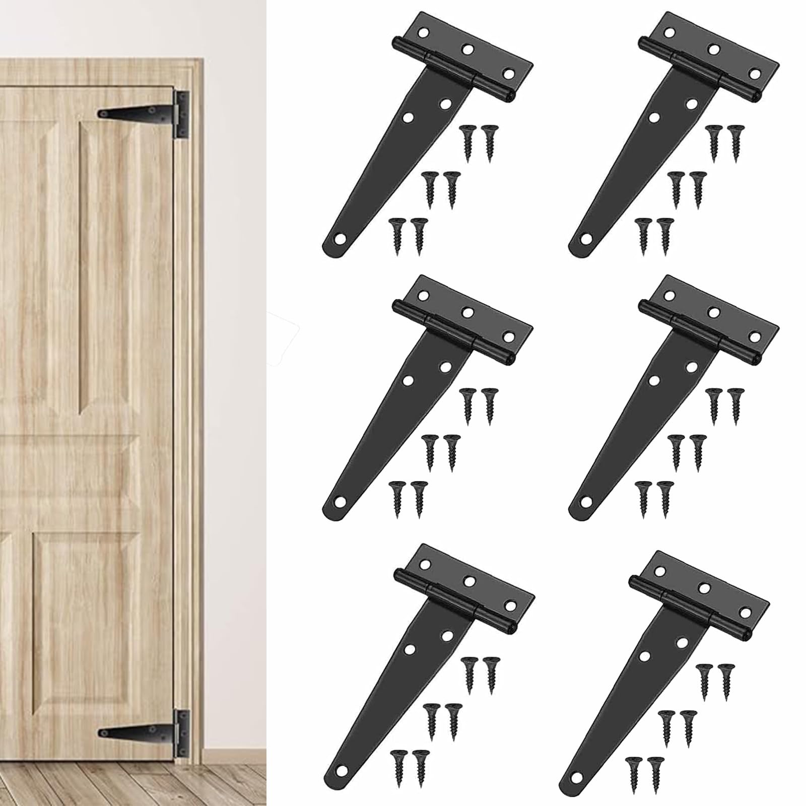 Pack of 6 T-shaped hinges, galvanised T-hinges, with 30 black screws, suitable for garden doors, barn doors, shed doors (black)