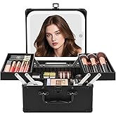 Chomeiu Makeup Bag with Mirror, Travel Train Case Large Cosmetic Organizer with 2 Trays and Vanity Mirror with LED Lights, Brush Holder Storage Box Suitcase for Nail Kits Cosmetics Craft, Black
