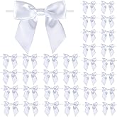 Fbshicung 115 Pack Twist Tie Bows for Treat Bags 3" White Satin Ribbon Bows for Package Craft Gift Wrapping Decoration (White)