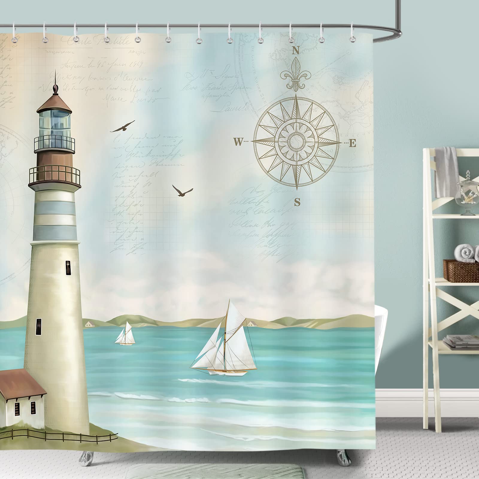 Bonhause Nautical Lighthouse Shower Curtain 180 x 180 cm Sailboat Compass Coastal Bathroom Curtain Waterproof Mildew & Mould Resistant Polyester Fabric Bath Curtain with 12 Hooks