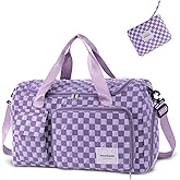 WOOMADA Foldable Travel Duffel Bag with Shoes Compartment, Overnight Bag with Wet Pocket & Trolley Sleeve, Weekender Bags for Women (violet checkerboard)