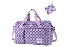 WOOMADA Foldable Travel Duffel Bag with Shoes Compartment, Overnight Bag with Wet Pocket & Trolley Sleeve, Weekender Bags for Women (violet checkerboard)