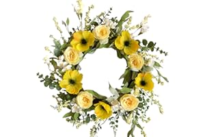 FLORIBUS Summer Wreaths for Front Door 18 Inch Artificial Flower Decoration Wreath with Yellow Roses Poppies Wreaths for Farmhouse Outside All Season for Indoor Outdoor Home Wall Wedding Holiday Decor