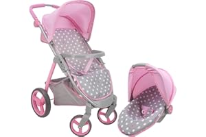 509 Crew: Cotton Candy Pink: Doll Travel System - Pink, Grey, Polka Dot -for Dolls Up to 18", Foldable, Retractable Canopy, Kids Pretend Play, Ages 3+