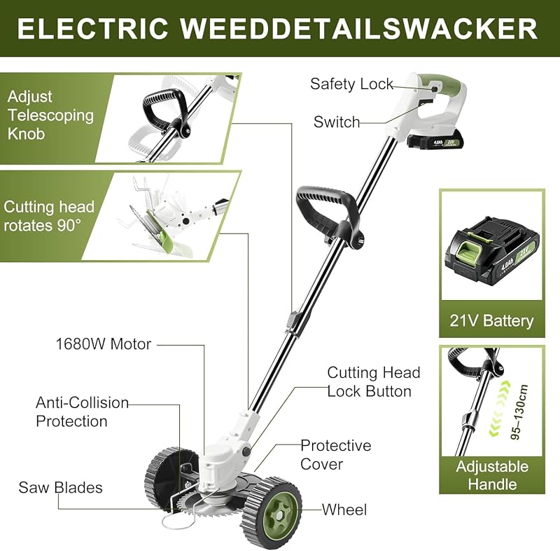 Elektrischer Rasentrimmer mit Akku und Ladegerät - Rasentrimmer mit 2 Akkus 4 Messertypen und Rädern - Teleskop Freischneider mit Unkrautbürste - Cordless Grass Trimmer für Höfe, Gärten (Beige)