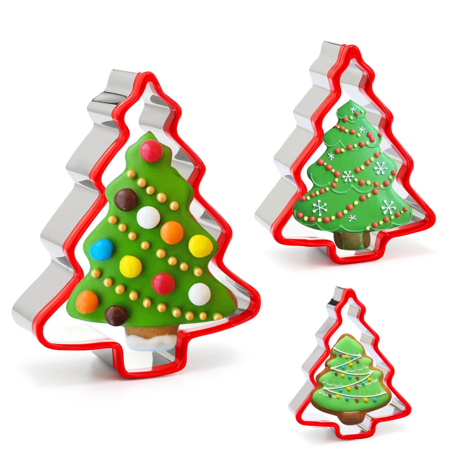 Photo 1 of Christmas Tree Cookie Cutters 3PCS, Stainless Steel Christmas Cookie Cutter Tools with Red Environmental PVC, Christmas tree Shape Moulds Set for Baking