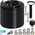 Zejoot 200FT Sewer Jetter Kit for Pressure Washer, 5800PSI Drain Cleaner Hose 1/4 Inch NPT Corner with 4 Sewer Jetting Nozzles，Waterproof Tape，Pearl Corsage Pin，Handle Strap & 2 Spanners (Black)