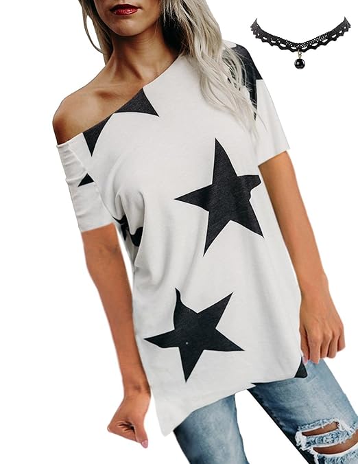 BUOYDM Damen T Shirt One-Shoulder Kurzarm Sternchen Casual Sommer T-Shirt Oberteil Tops