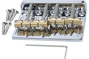 OVSAL Chrome Electric Bass Guitar Bridge with Brass Saddles Zinc Alloy Plate 4 String Fixed Bridge Compatible with Fender Jaz