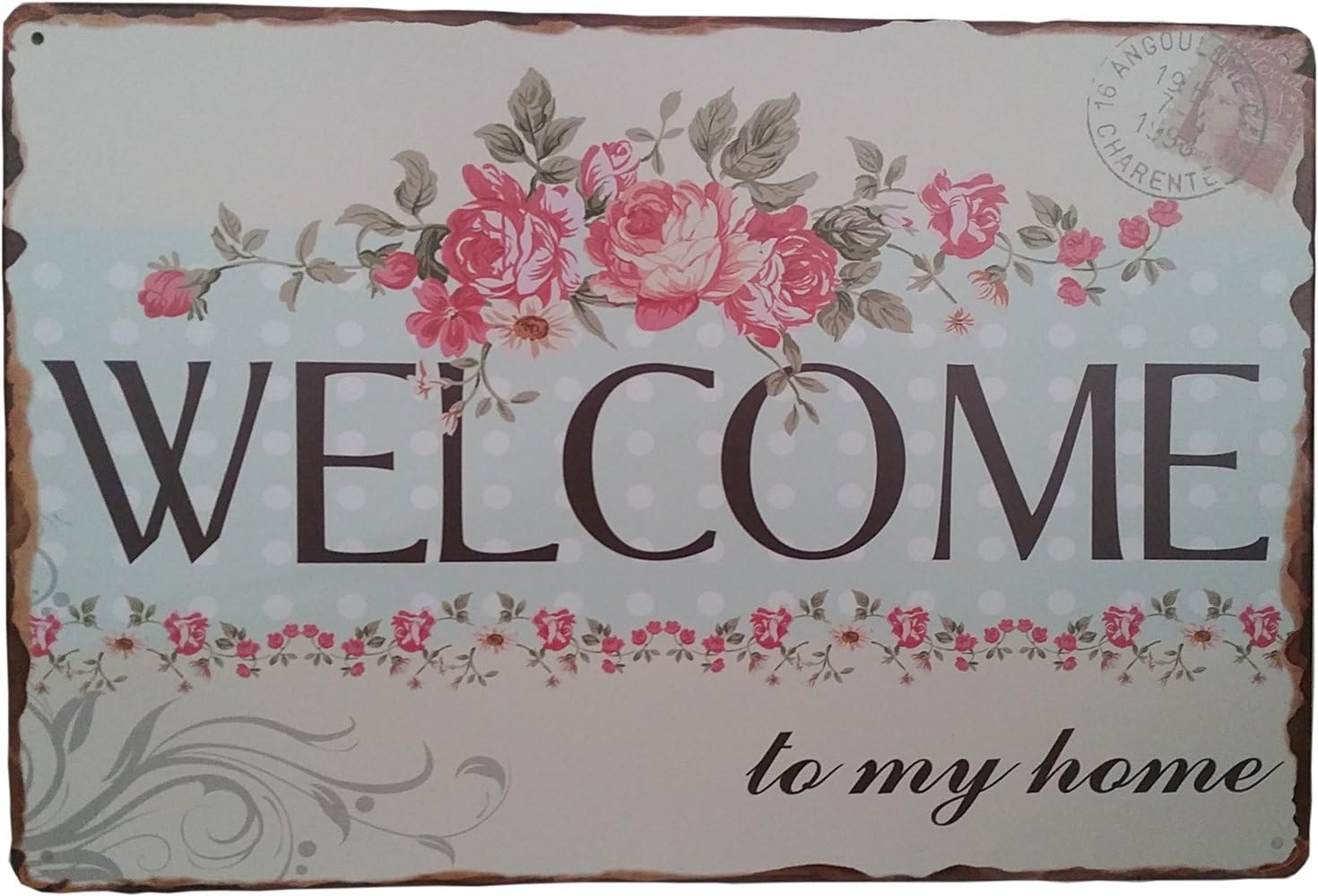 "Welcome to my home" metal tin wall sign plaque decor retro shabby chic Tukoh