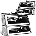 Auto Dynasty 4PCS LED DRL Headlight Lamps Compatible with Chevy Silverado Avalanche 1500 2500 3500 03 04 05 06 / Chevy Silverado Classic Models 07, Driver and Passenger Side, Black Housing Clear Lens