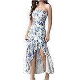 Floerns Women's Floral Strapless Tube Dress Asymmetrical Ruffle Hem Bodycon Long Dresses