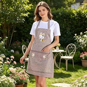 Women Kitchen Apron with Pockets,Cute Plaid Apron for Cooking,Baking,Gardening,Restaurant and Household Tasks(Khaki)