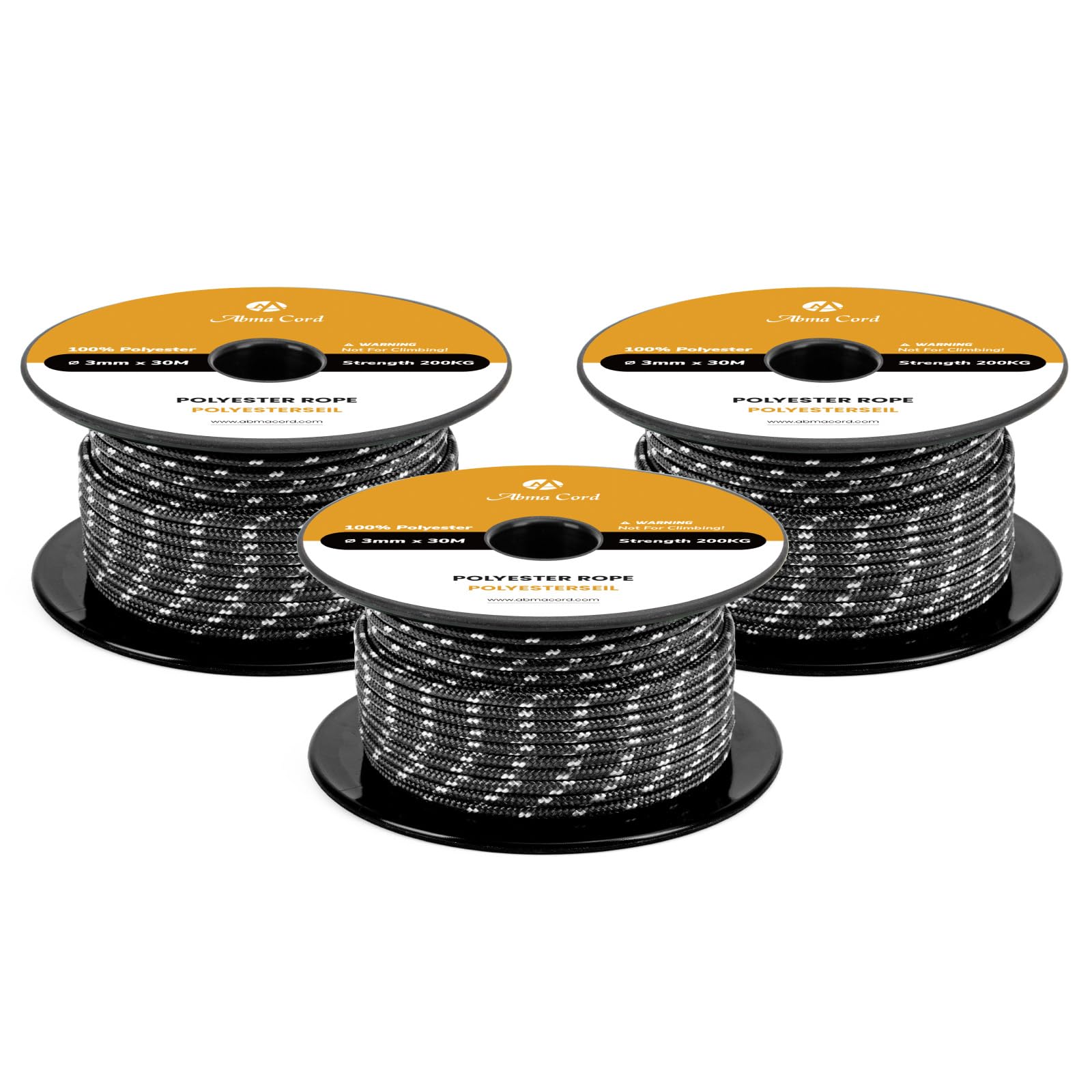 Abma Cord Polyester Cord 3mm x 30m Braid Polyester Rope, Black/White - Heavy Duty & Low Stretch - High UV & Abrasion Resistance