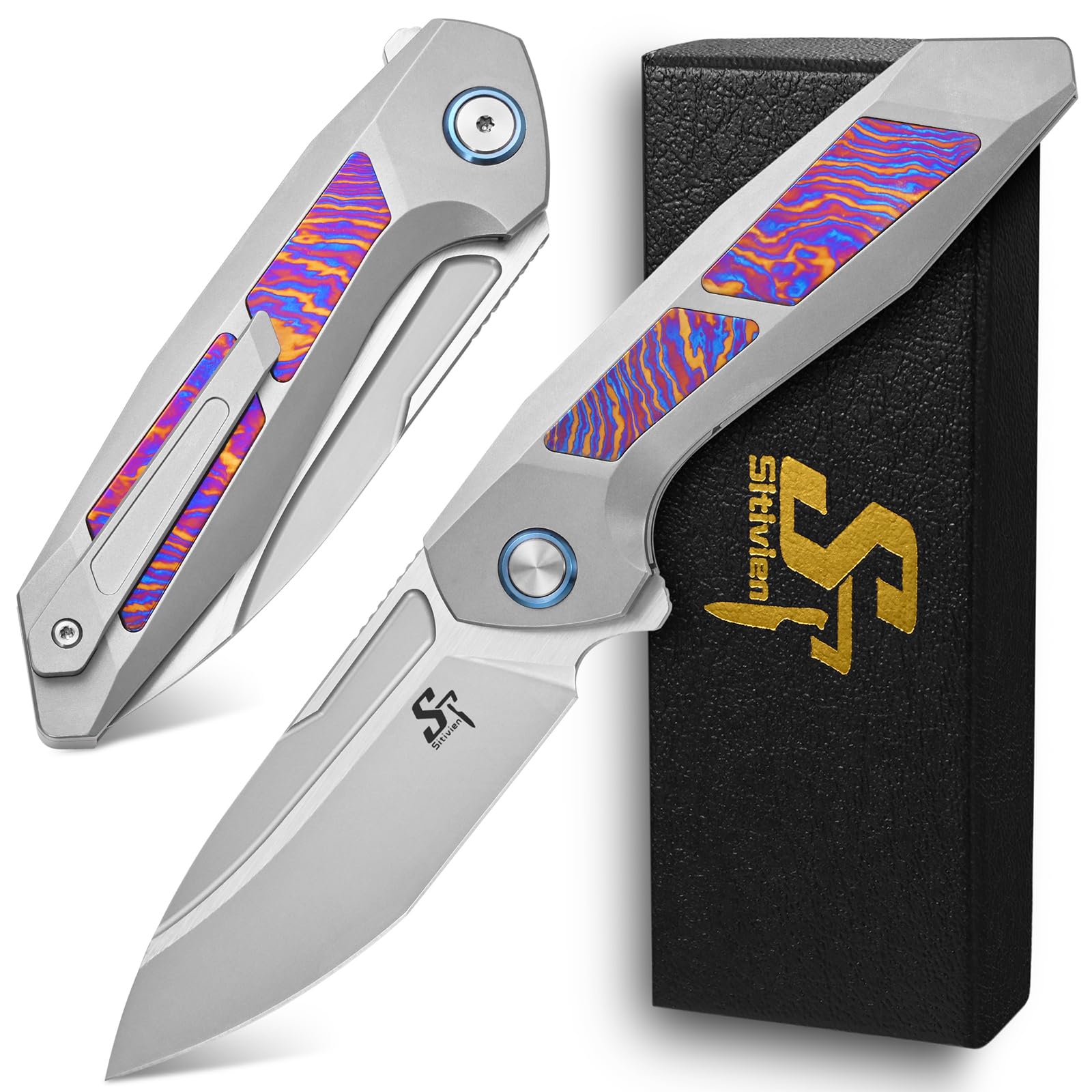Photo 1 of Sitivien ST996 Folding Knife, Handmade M390 Pearlescent Polishing Blade,Titanium & Timascus Handle for Outdoor Camping, Hiking, Working (Timascus)