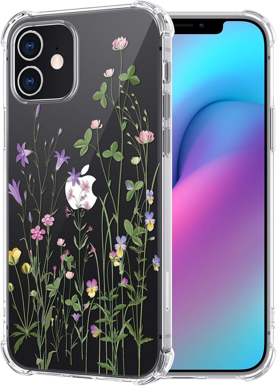 Flocute Clear Floral Case Compatible with iPhone 12 Mini Clear Floral Case Flower Pattern Slim Lightweight Soft TPU Cute Case with Extra Corner Phone Case Replacement for iPhone 12 Mini (Green)