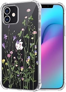 Flocute Clear Floral Case Compatible with iPhone 12 Mini Clear Floral Case Flower Pattern Slim Lightweight Soft TPU Cute Case with Extra Corner Phone Case Replacement for iPhone 12 Mini (Green)