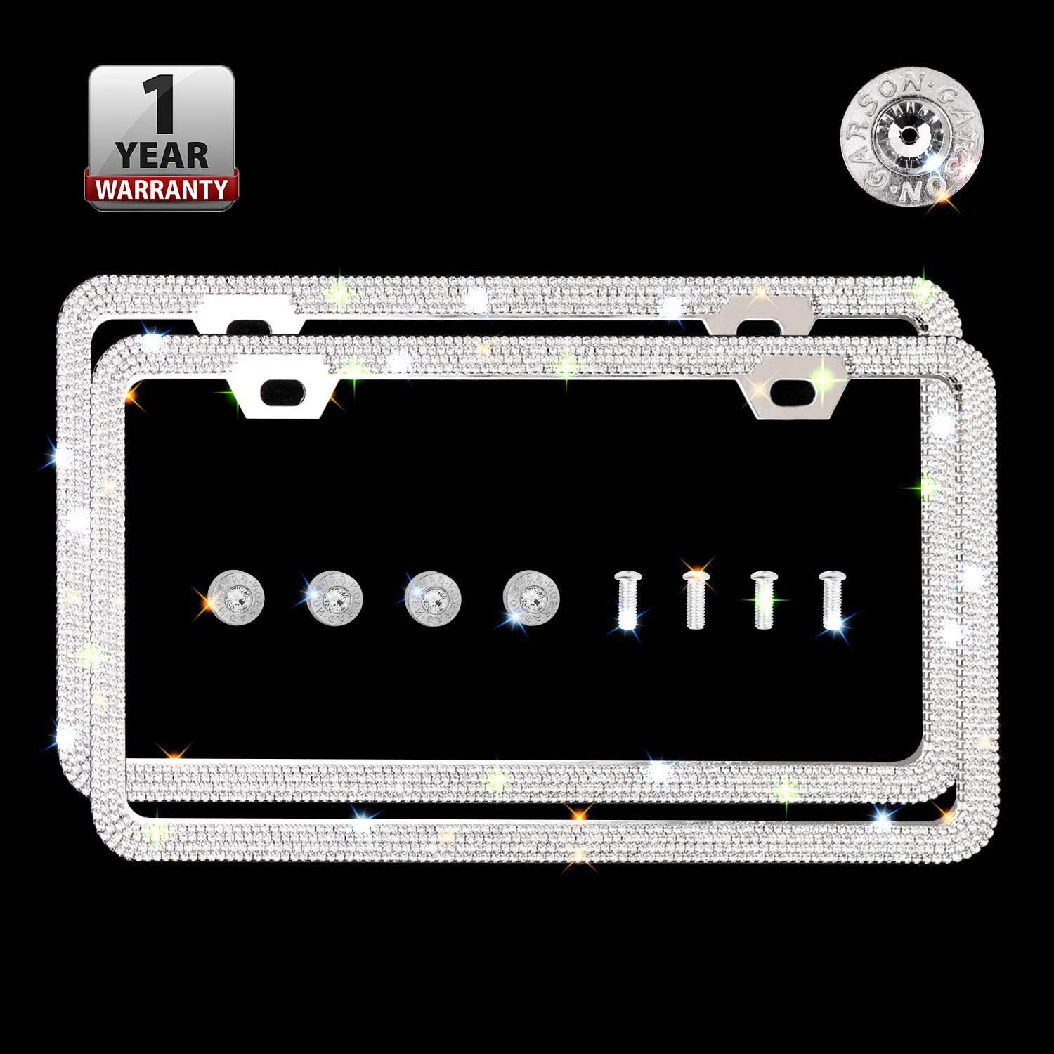 Indeedbuy Sparkle Crystal Bling Car Thin Border License Plate Frame, Luxury Handmade Waterproof Glitter Rhinestone Premium Stainless Steel Licence Plate Front Back License