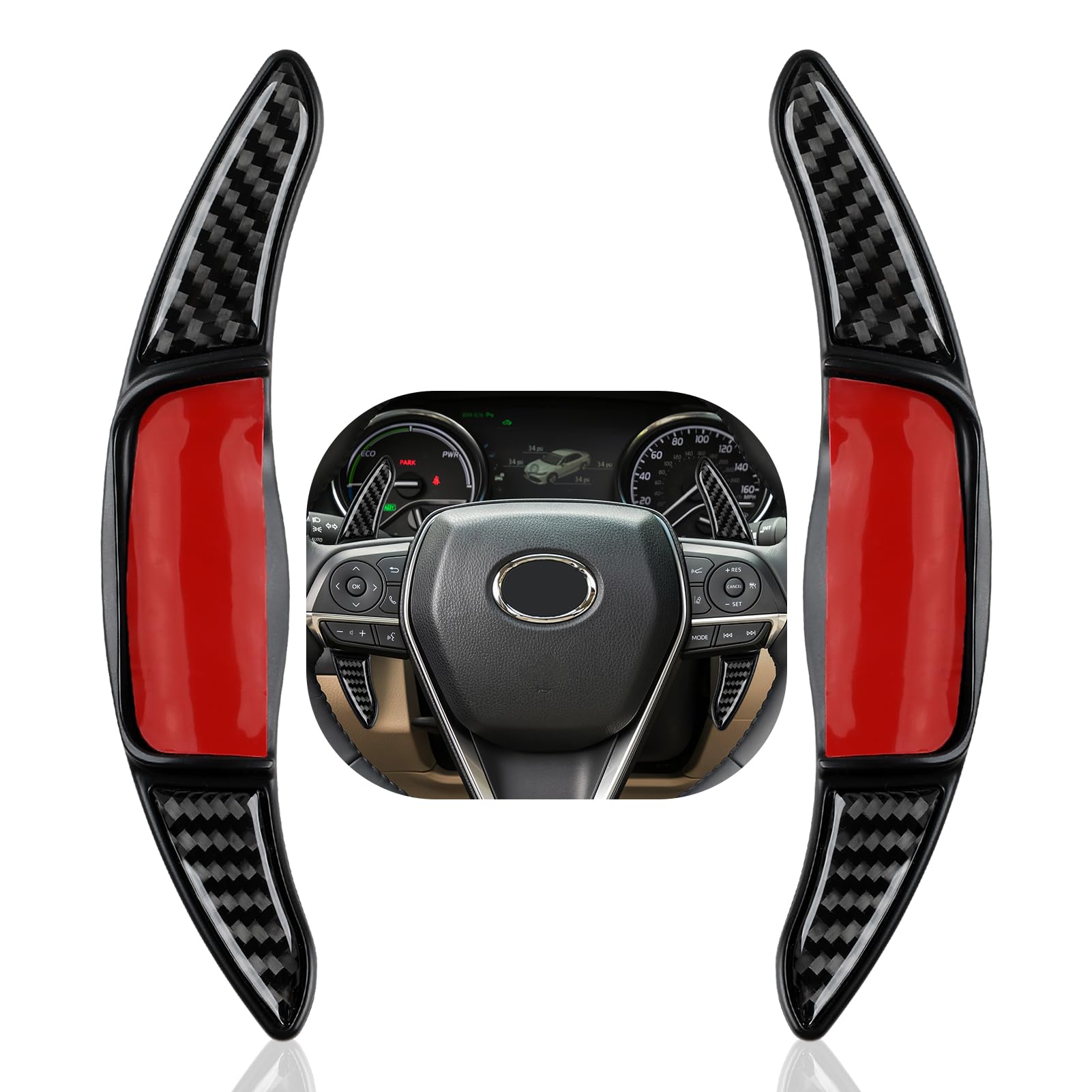 Photo 1 of 2PCS Steering Wheel Paddle Shifter Extensions Trim Carbon Fiber Decal Sticker Compatible with Toyota Camry 2018-Up/Avalon 2019-2022 / RAV4 2019-Up/Corolla 2019-Up - NOT for GR (Black)