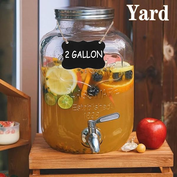 2 GALLON DRINK DISPENSERS – LARGE GLASS BEVERAGE DISPENSER FOR PARTIES WITH 18/8 STAINLESS STEEL SPIGOTS(2 SET), SUN TEA GLASS JAR FOR OUTSIDE, LEMONADE DISPENSER, PARTY‘S GIFT