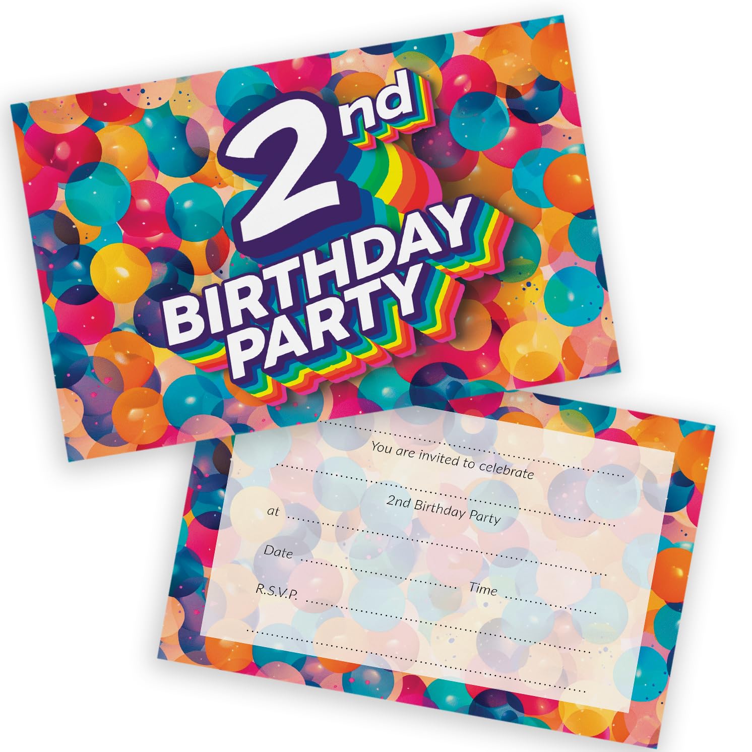 2nd Birthday Party Invitations Kids - Rainbow Balloons 36 Pack - Childrens Birthday Invitations for Boys/Girls A6 Bday Party Invites Invitation Cards with Folding Envelopes