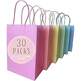 Bon et Beau Pastel Rainbow Paper Gift Bags 30 Packs - 6 Assorted Colors, 5.9 x 8.25 x 3.15 Inch Small Kraft Paper Party Favor Bags with Handles Perfect for Birthdays, Baby Showers, Weddings, and Holiday Parties