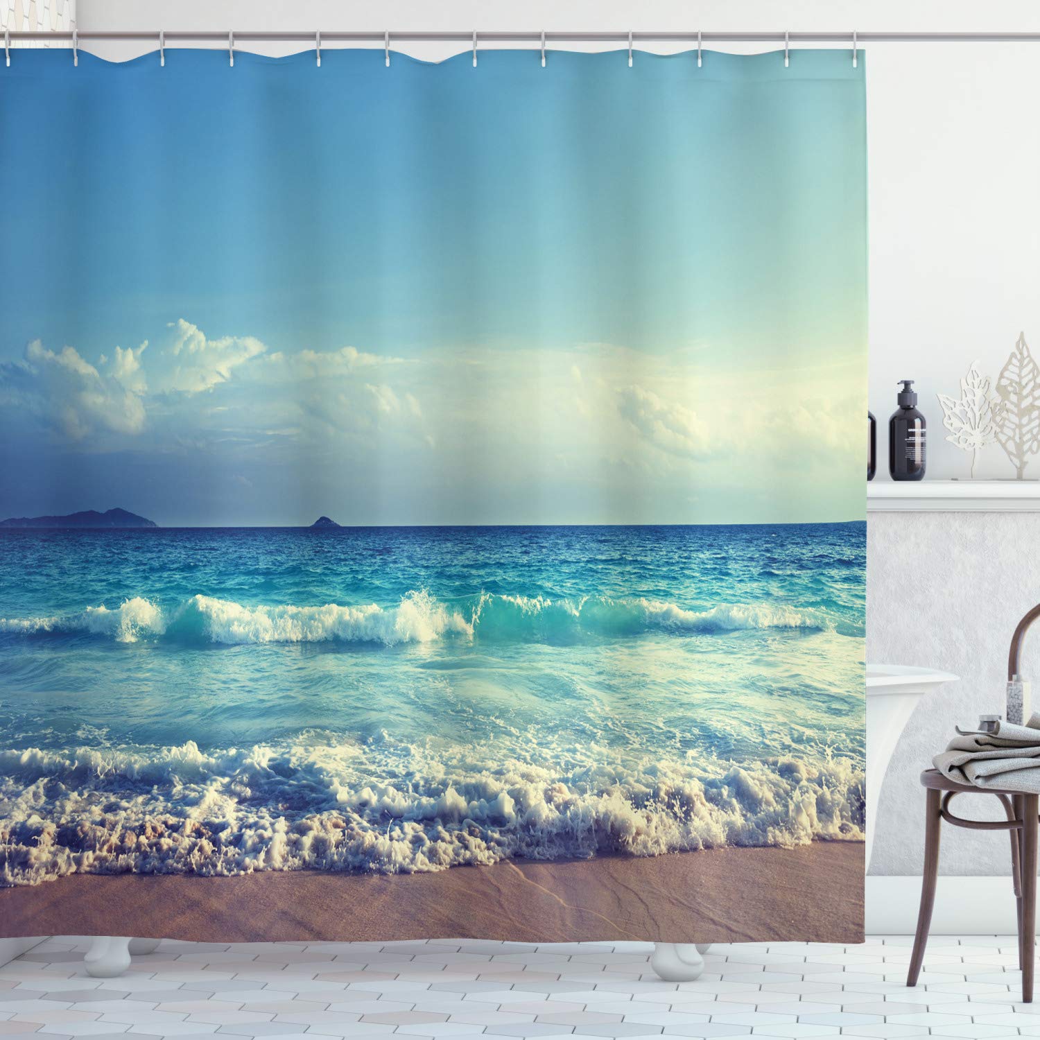 ABAKUHAUS Tropical Island Shower Curtain, Ocean Waves on Seychelles Beach at the Sunset Time Skyline, Cloth Fabric Bathroom Decor Set with Hooks, 94 Inches, Turquoise Sky Blue Umber