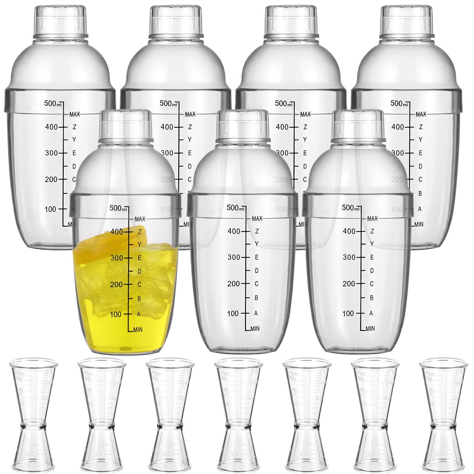 Photo 1 of 7 Pcs Plastic Cocktail Shaker Set Drink Mixer with Mark Clear Drink Cocktail Shaker and Measuring Jigger Set Ounce Cup Clear for Bar Party Home Use Wine Bar(17oz)