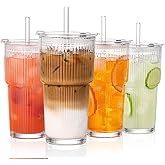 GOSCHE 20oz Glass Tumblers with Straws and Lids, Ribbed Iced Coffee Cups Leak-proof, Dishwasher Safe, Thickened Glass Cups with Lids Ideal for Coffee and Travel, Clear, 4 Pack