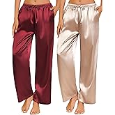 Ekouaer 2 Pack Womens Satin Pajama Pants Silk Sleep Lounge Pants Loose Pj Bottom with Pockets