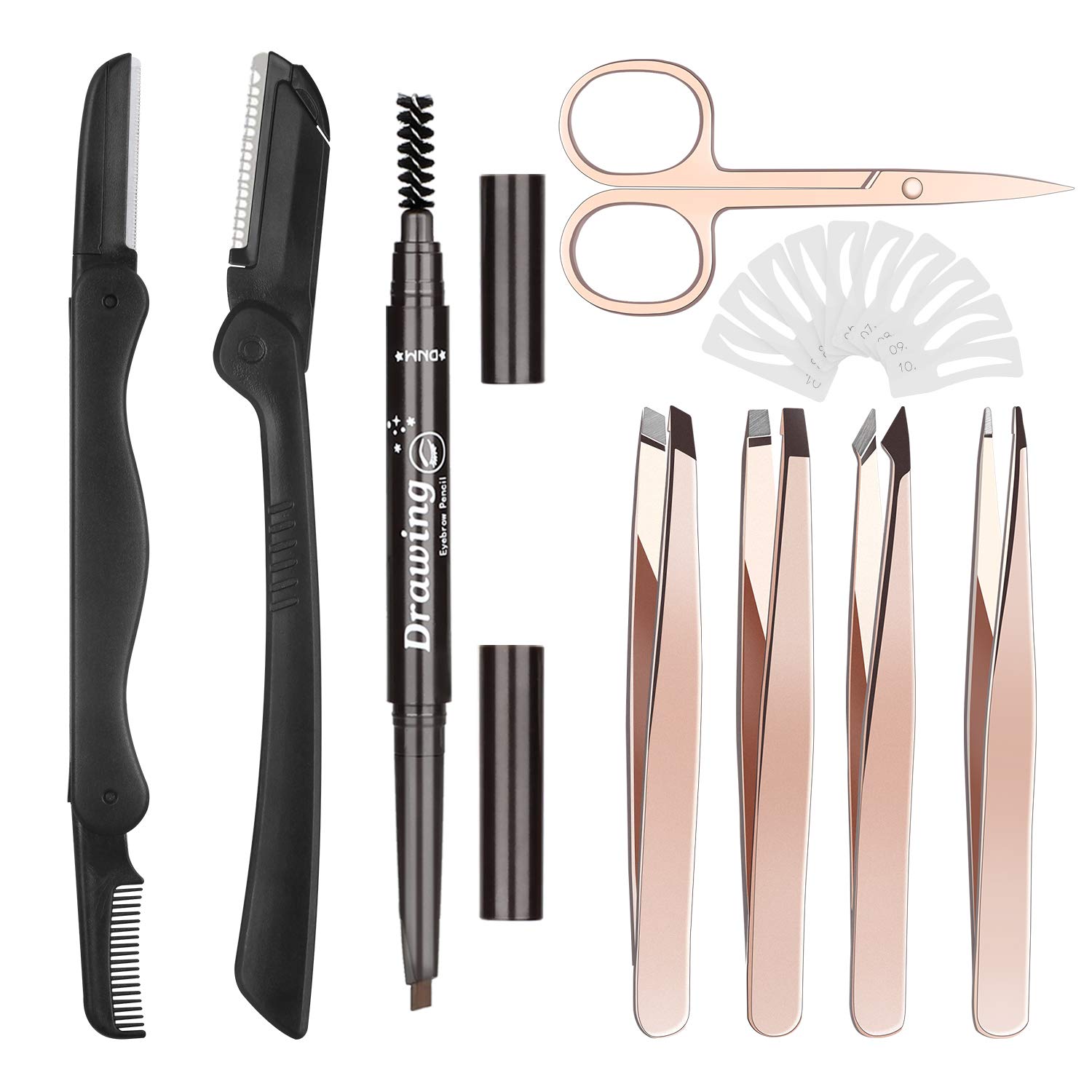 Eyebrow Razor Kit for Women, Grooming Tools with 4 PCS Premium Eyebrow Tweezers, Eyebrow Razor with Comb, Eyebrow Scissors, 10 PCS Eyebrow Stencil Kit (Rose Gold Eyebrow Kit-Dark Brown Eyebrow Pencil): Beauty