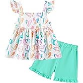 YUEMION Toddler Girl Clothes, 2Pcs Baby Girl Summer Outfits Ruffle Sleeveless Shirts Floral Tops + Shorts Clothing Set 1-5T
