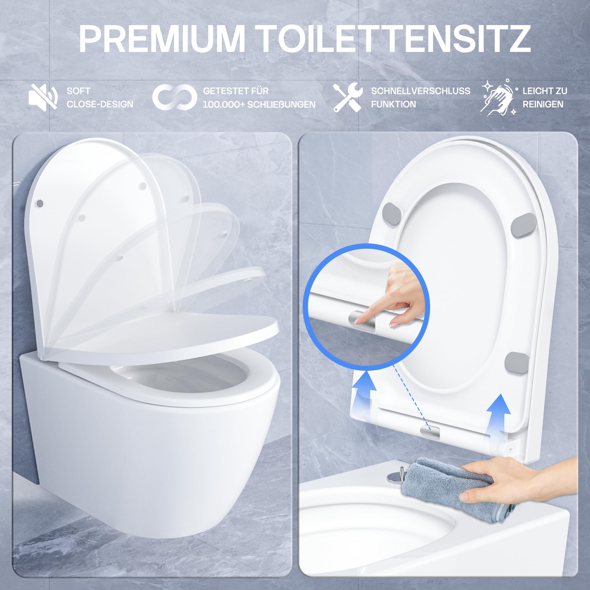 NeoArt Spülrandloses Hänge-WC, Leises Und Wassersparendes Hochleistungs-Spülsystem, Wand-WC Mit Abnehmbarem WC-Sitz Mit Absenkautomatik, Mehrere Farben Verfügbar,49.5 cm (Weiß) 4